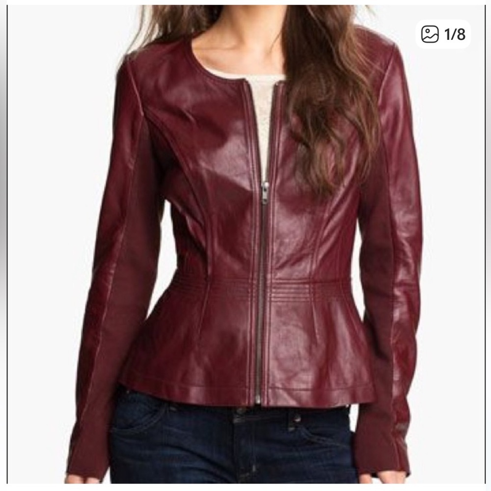 Hinge Leather Peplum Jacket in Deep Maroon Sz Medium - Picture 2 of 15